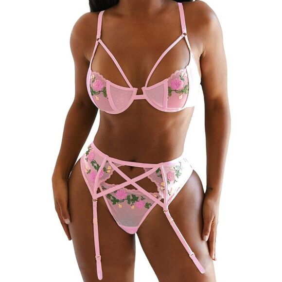 𝅺3 Piece Sexy Lingerie Garter Set, Pink
